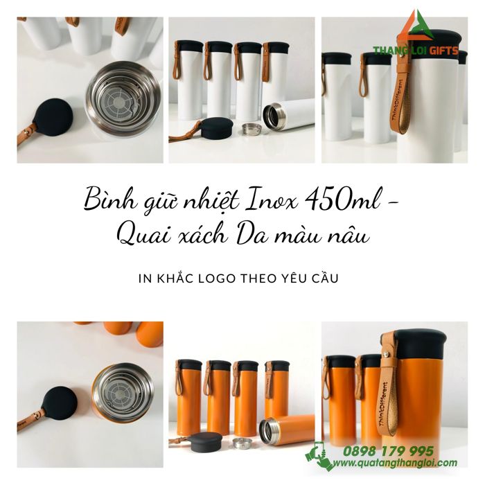 Binh giu nhiet Inox 450ml - Quai xach da nau