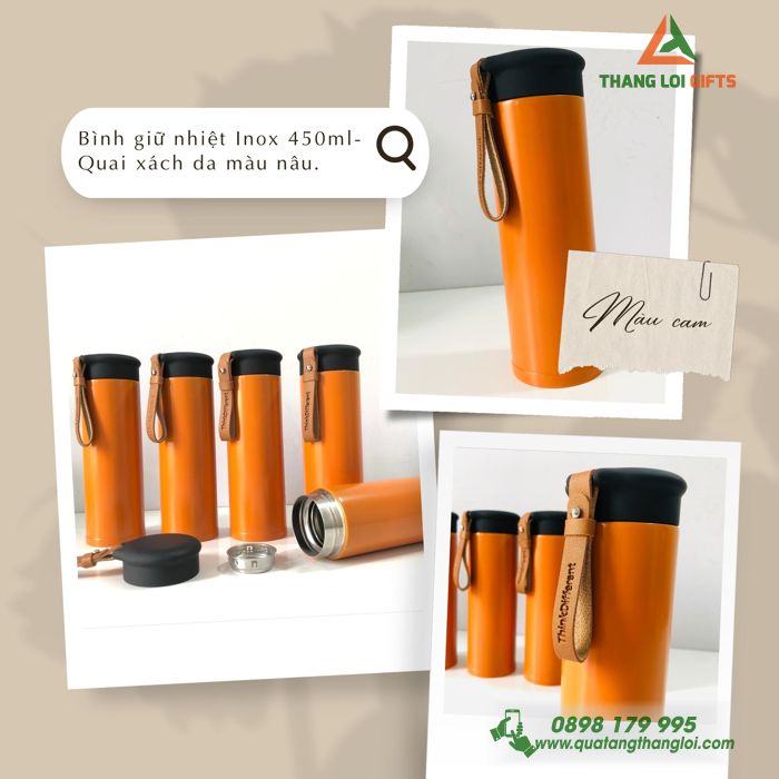 Binh giu nhiet Inox 450ml - Quai xach da nau