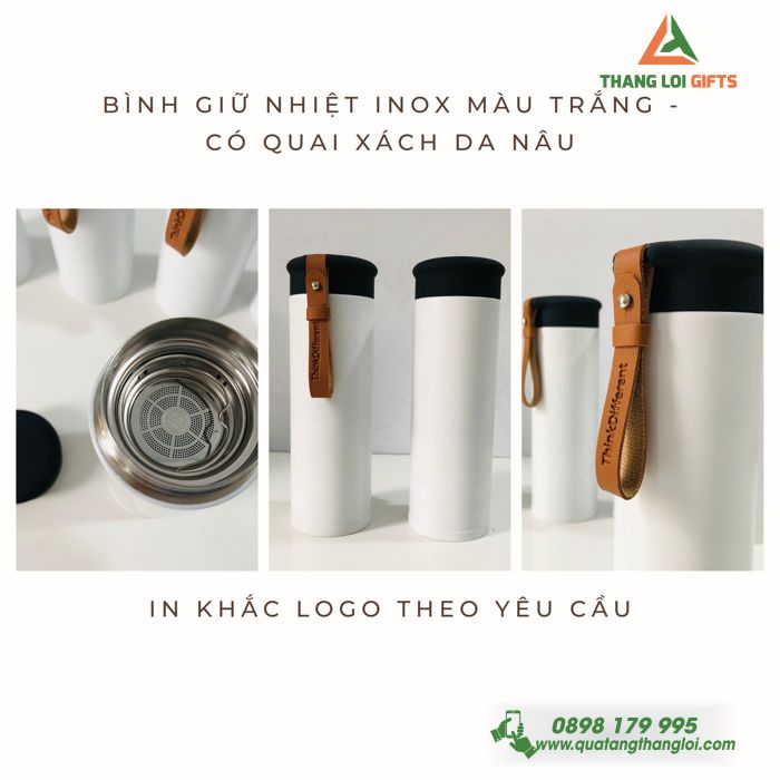 Binh giu nhiet Inox 450ml - Quai xach da nau