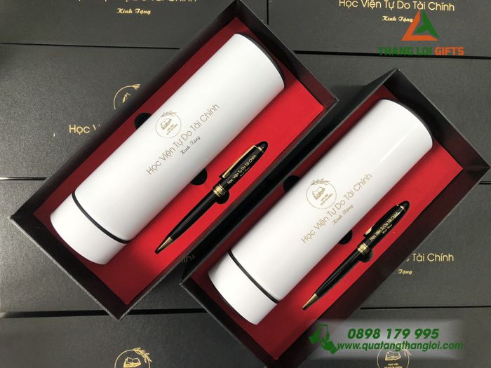 bộ quà tặng Giftset (Bình & Bút) In Khắc Logo Học Viện Tự Do Tài Chính