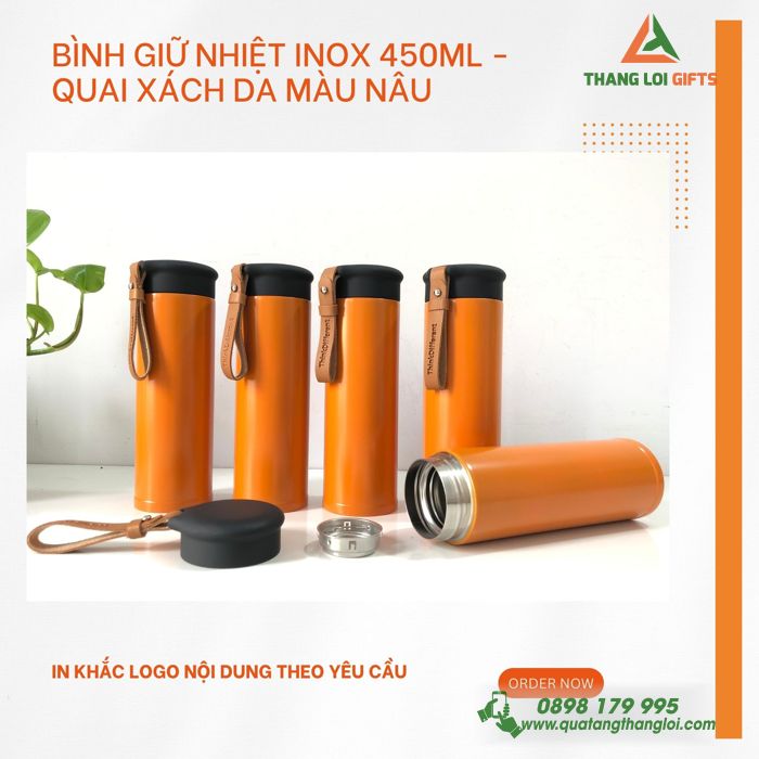 Binh giu nhiet Inox 450ml - Quai xach da nau 