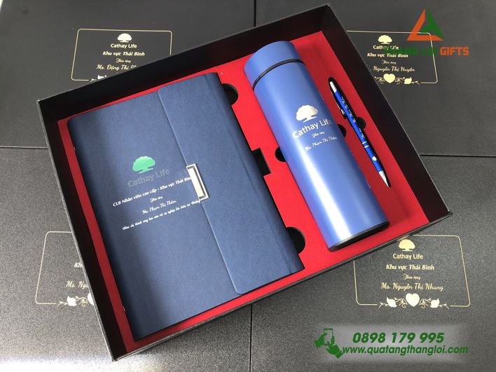 Bộ quà tặng Sổ tay, Bình giữ nhiệt & Bút ký – In khắc logo Bảo hiểm nhân thọ CATHAY LIFE