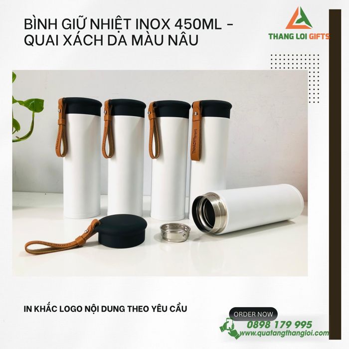 Bình giữ nhiệt Inox 450ml Màu trắng,cam Quai xách da nâu – In logo nội dung theo yêu cầu.