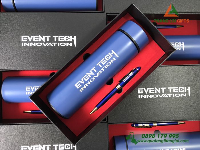 Bộ quà tặng bình giữ nhiệt và bút ký in khắc logo EVENT TECH INNOVATION