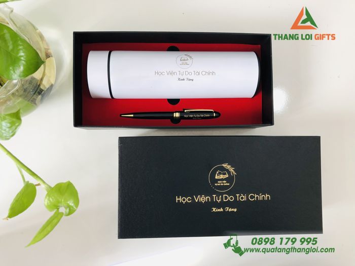 Bộ quà tặng Giftset (Bình & Bút) In Khắc Logo Học Viện Tự Do Tài Chính