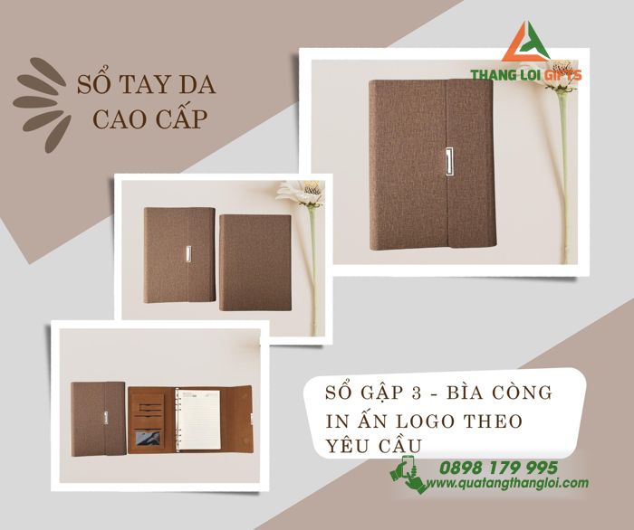 Quà tặng sổ tay da gập 3 bìa còng – In logo theo yêu cầu