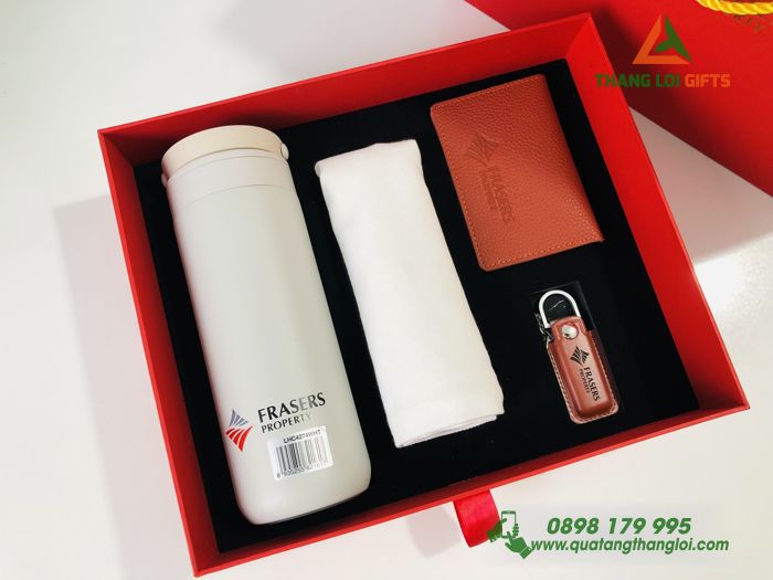 Bộ quà tặng (Bình giữ nhiệt Locknlock, Ví da đựng Namecard, USB Da và Túi canvas – In ấn logo FRASERS