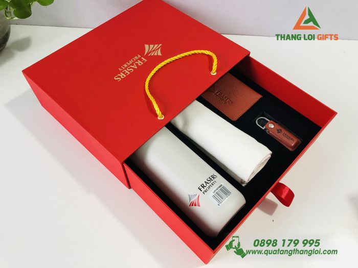 Bộ quà tặng (Bình giữ nhiệt Locknlock, Ví da đựng Namecard, USB Da và Túi canvas – In ấn logo FRASERS