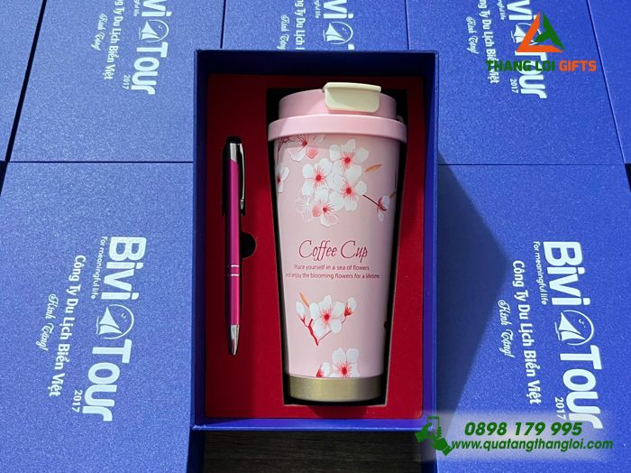 Bộ quà tặng theo yêu cầu (Ly hoa văn 530ml+Bút ký) in logo làm quà tặng quảng cáo