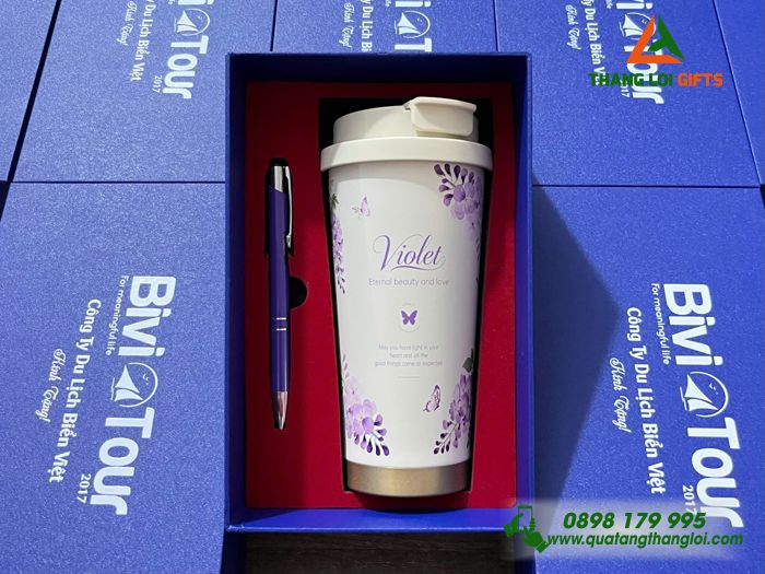 Bộ quà tặng theo yêu cầu (Ly hoa văn 530ml+Bút ký) in logo làm quà tặng quảng cáo