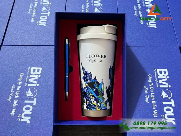 Bộ quà tặng theo yêu cầu (Ly hoa văn 530ml+Bút ký) in logo làm quà tặng quảng cáo