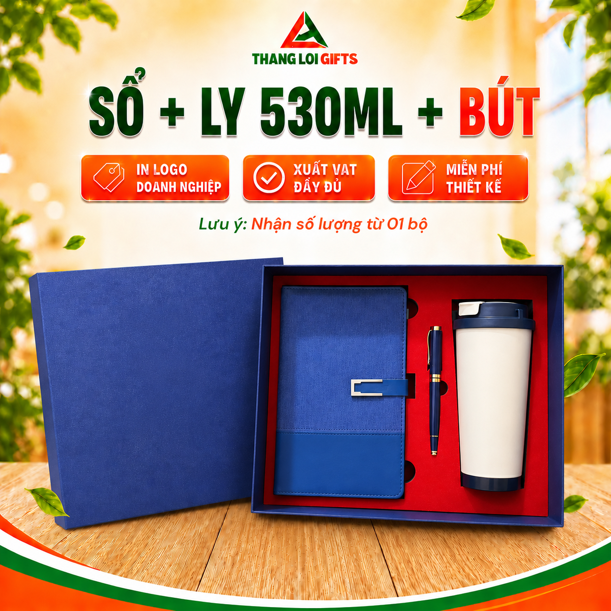 Bộ quà tặng in theo yêu cầu 3 món (Sổ tay+Ly giữ nhiệt 530ml+Bút ký)